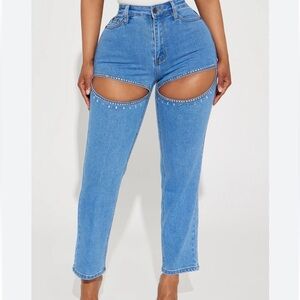 Fashion Nova Hot Mom Embellished Medium Wash Blue Jeans with Cut-Outs Size 11